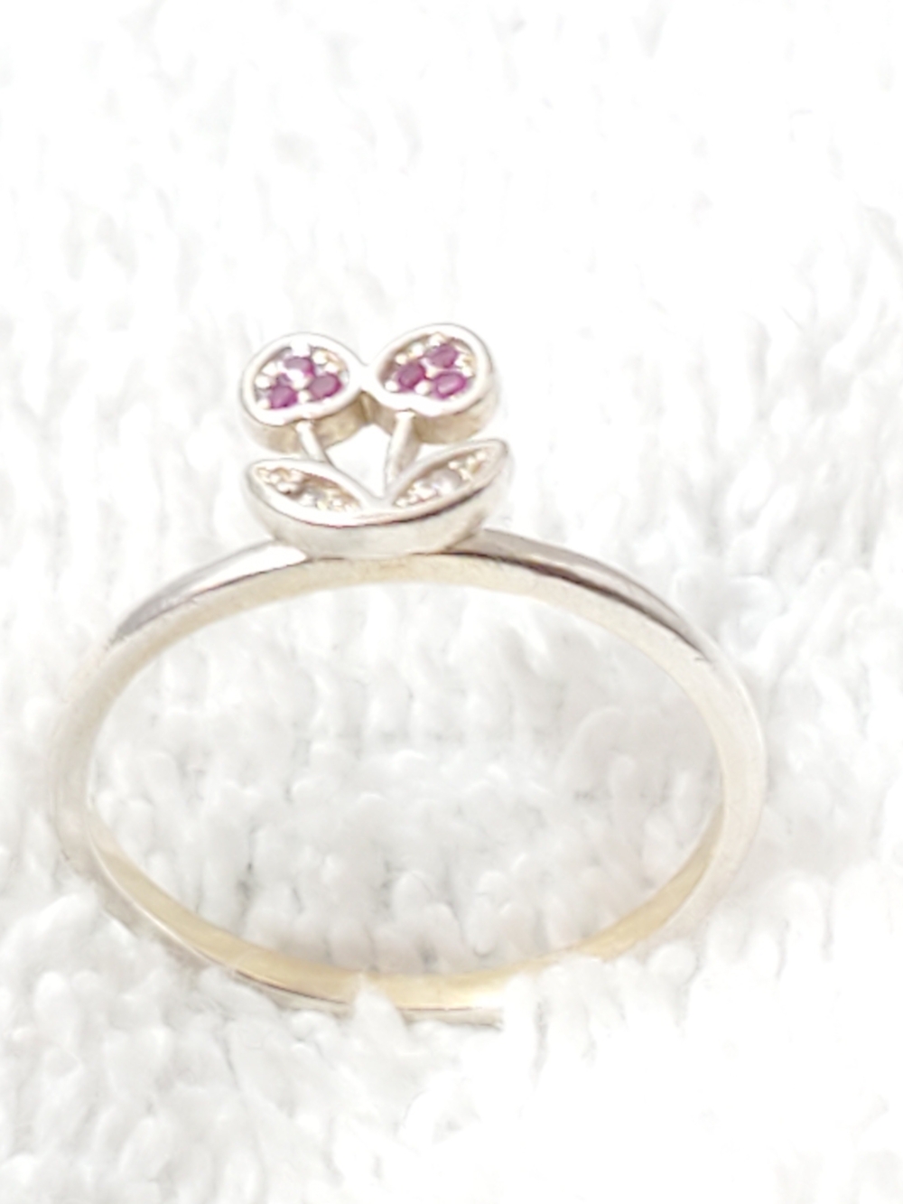 925 Sterling Silver Cherry Motif Ring Synthetic Rubies Diamond Accents Vinatge